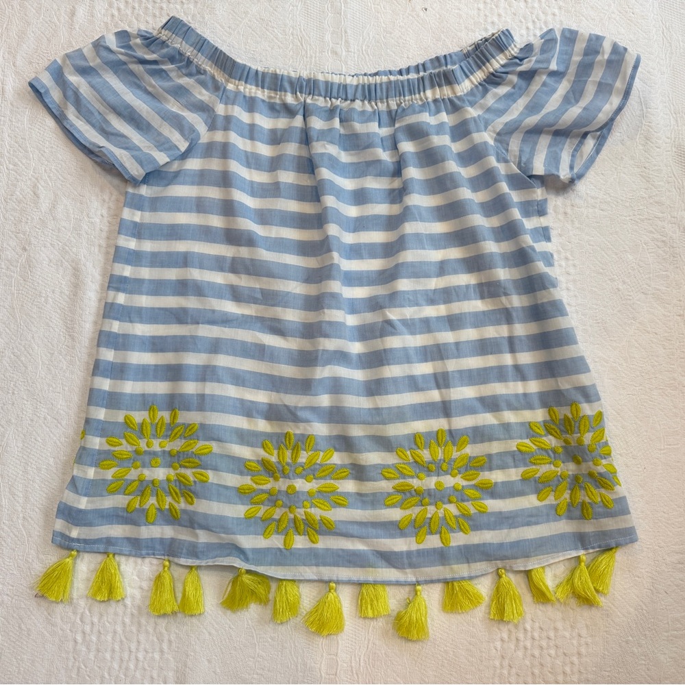 Buckley K Women’s Blouse Blue White Striped Tassel Coastal Size Large L